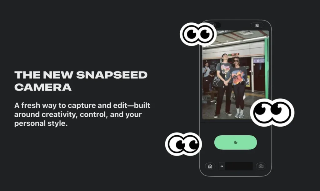 iPhone displaying Snapseed app with retro film filter applied to a city street photo, showcasing vintage tones and manual editing controls.